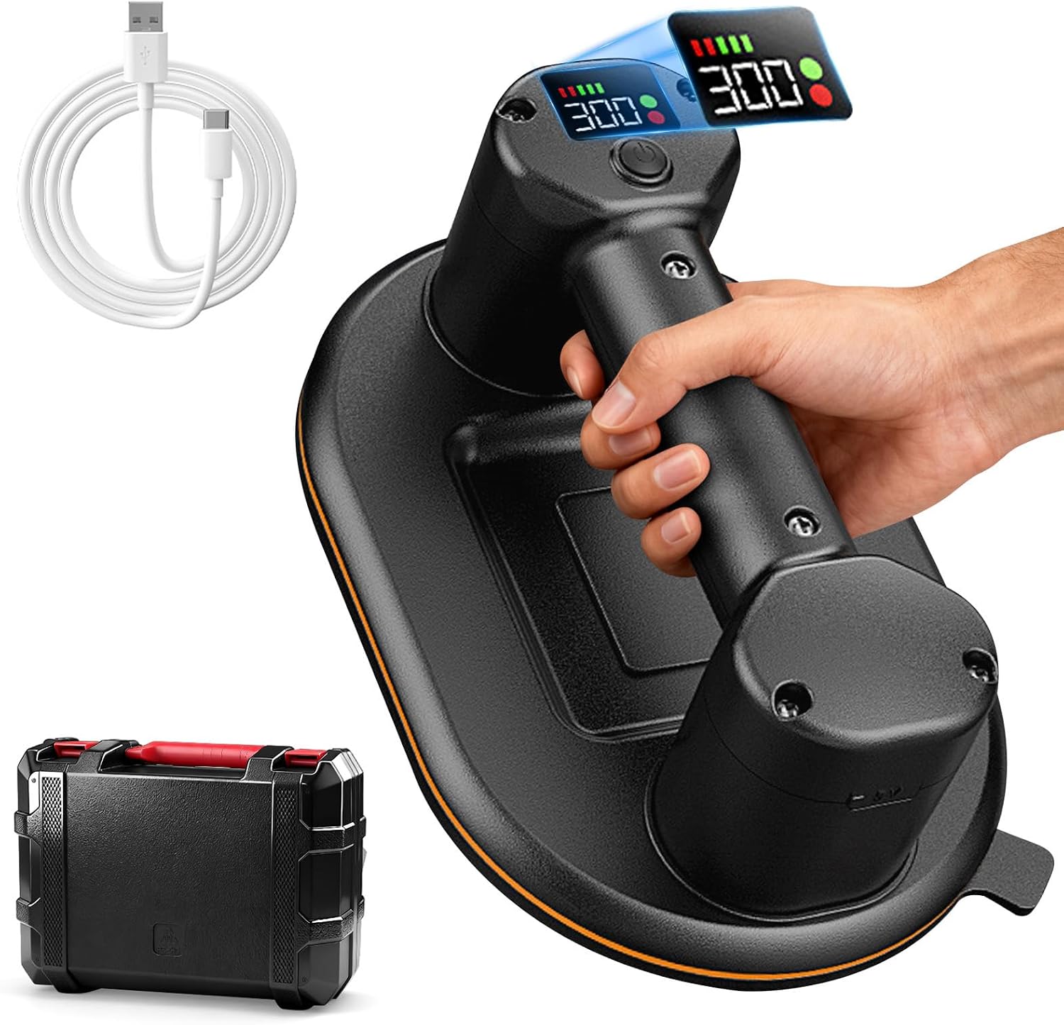 Electric Vacuum Suction Cup Lifter with 300kg Capacity, Heavy Duty 24cm Oval Glass Suction Cup with Dual Motor, LCD Display and USB C Rechargeable