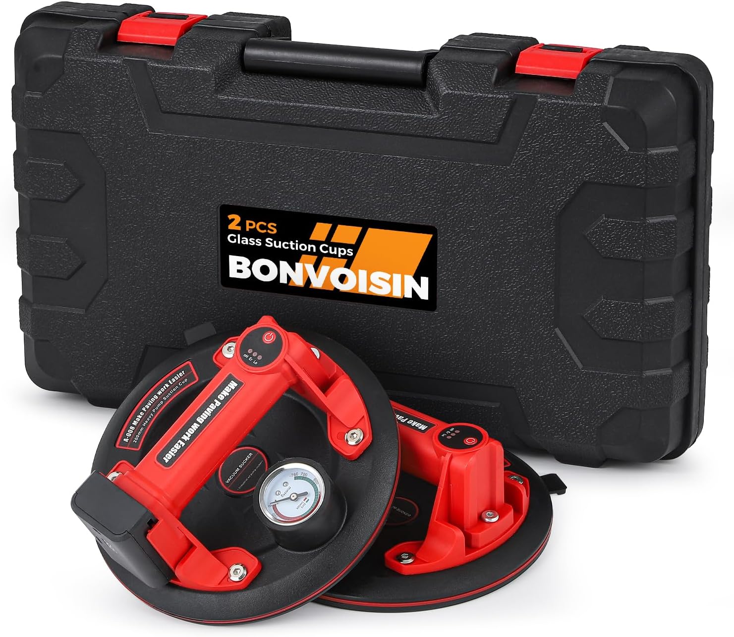 Bonvoisin Elektrische Vakuum Saugheber Gripster 2Pcs mit Lithium-Batterie, 440lbs Max. Tragfähigkeit, mit Manometer, Drei Schicht Gummi, für