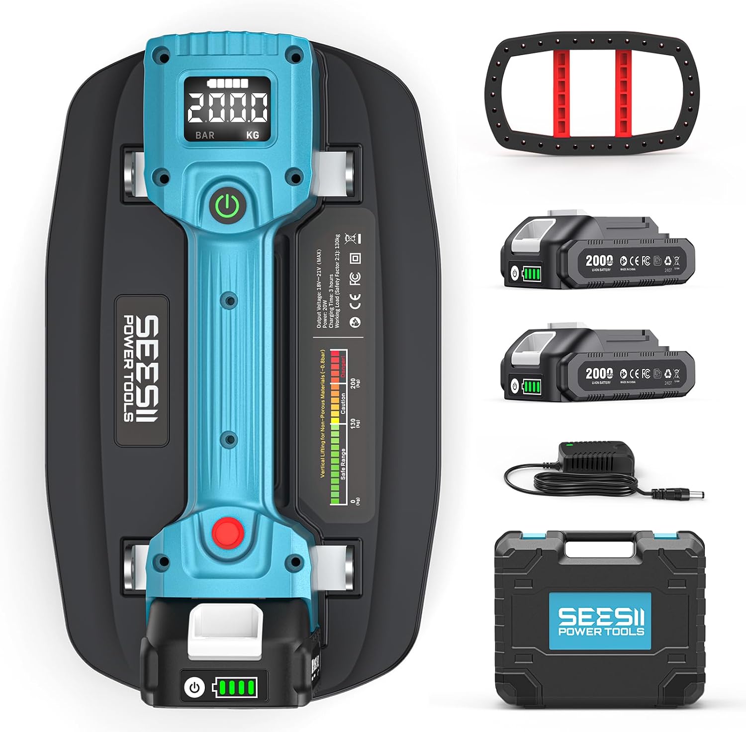 SEESII Vacuum Lifter Battery for Tiles/Patio Tiles, 21 V Glass Vacuum Cleaner with 2 x 2000 mAh Batteries, LED Display, 200 kg Load Capacity, 11.8
