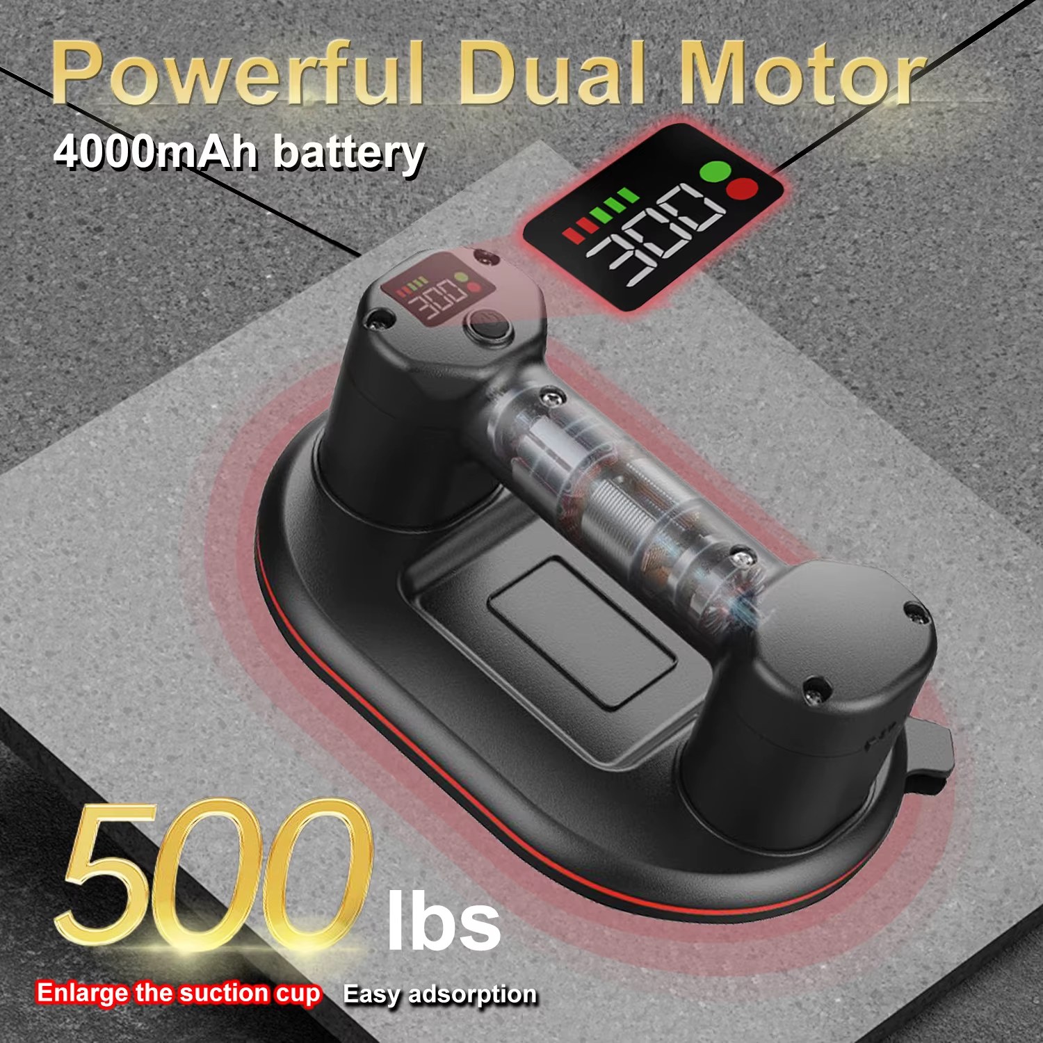 Intelligent Display Industrial Grade 4000mAh Electric Vacuum Suction Cup Gripster 300KG Load Heavy Duty Granite Tile Glass Lifter Tool
