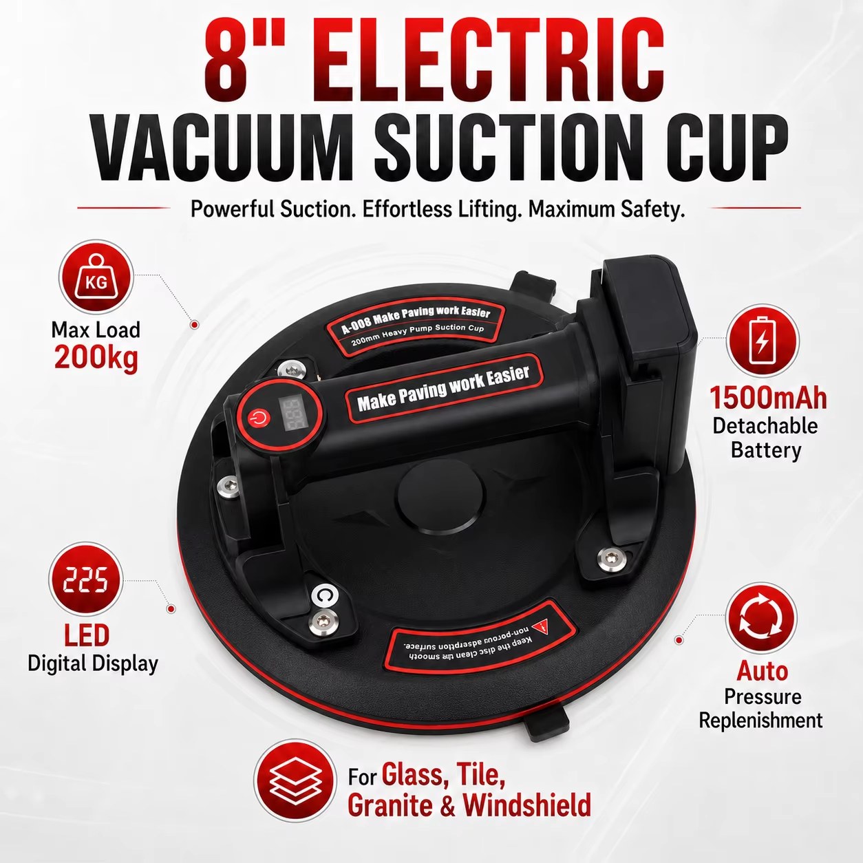 8-inch electric vacuum suction cup 200kg heavy-duty vacuum lift gripster, suitable for granite tile glass, with rechargeable battery