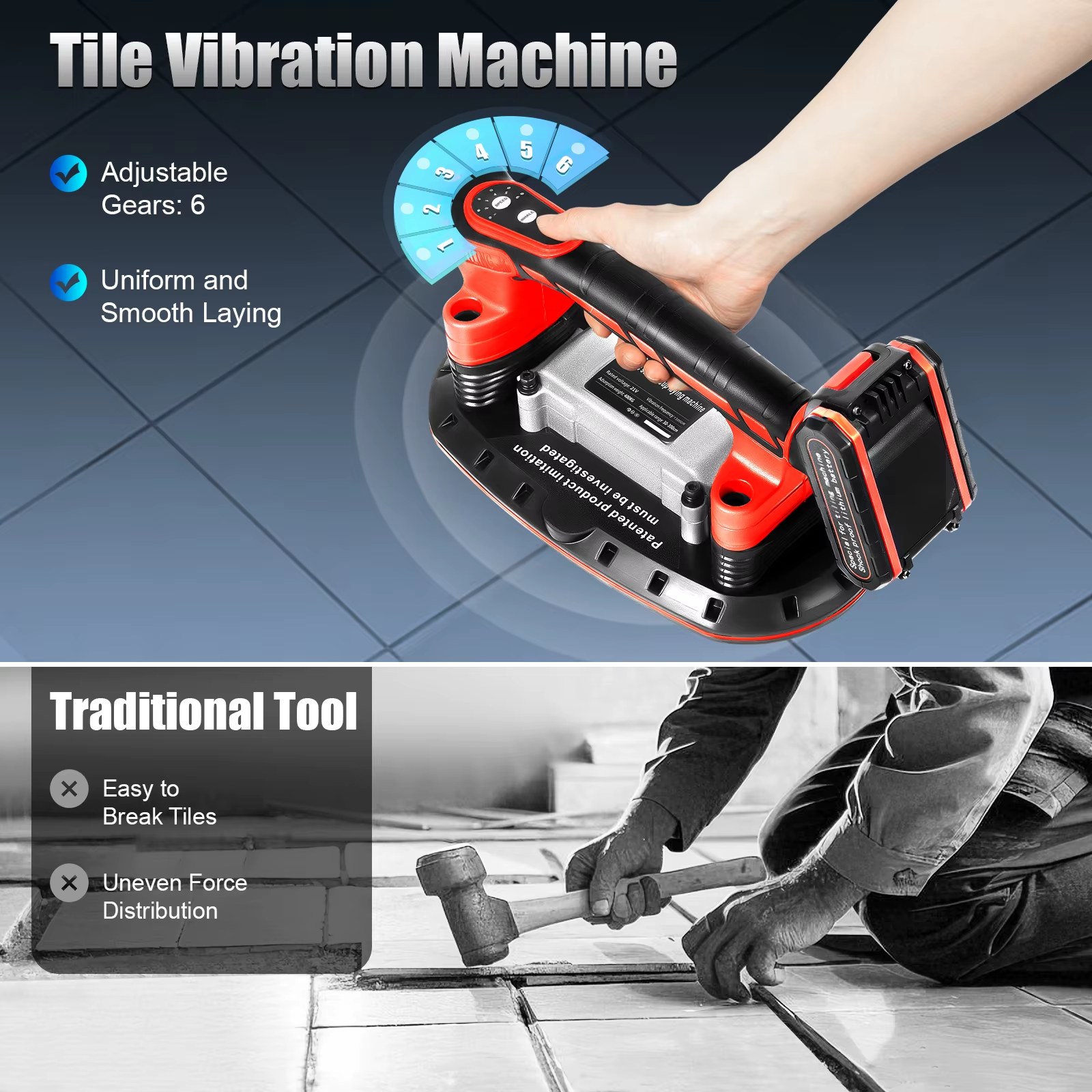 Tile Vibration Tool 21V Large Suction Cup Gripster Pure Copper 6 Gears for Moving and Installing Wall/Floor Tiles
