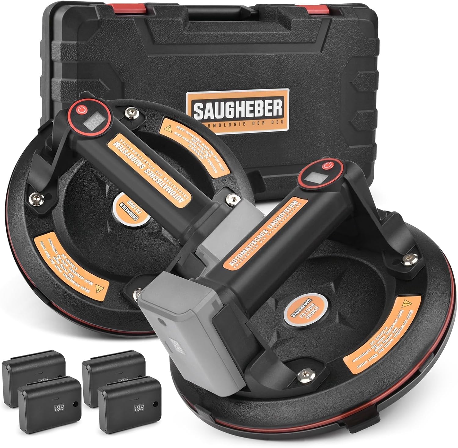 2-pack zuigheffer met 4x accu | voor heavy duty | elektrische 8" vacuümheffer | draagkracht 300KG | automatische nazuiging zuignap glaszuiger