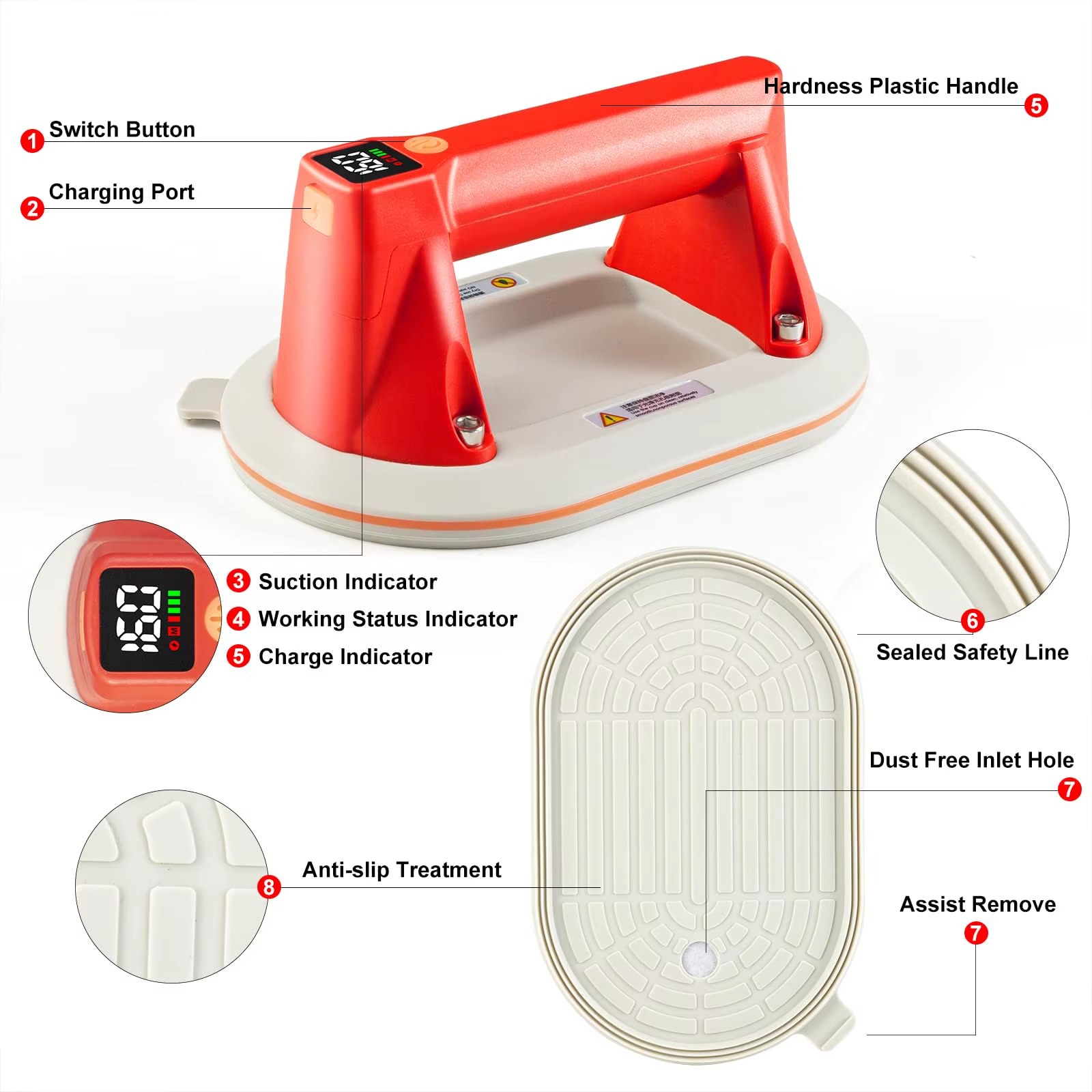 Electric Vacuum Suction Cup Gripster Lifter with 353LBS/160KG Suction Power LCD Display for Tile Glass Marble-Compact Silicone Body listing photo 3