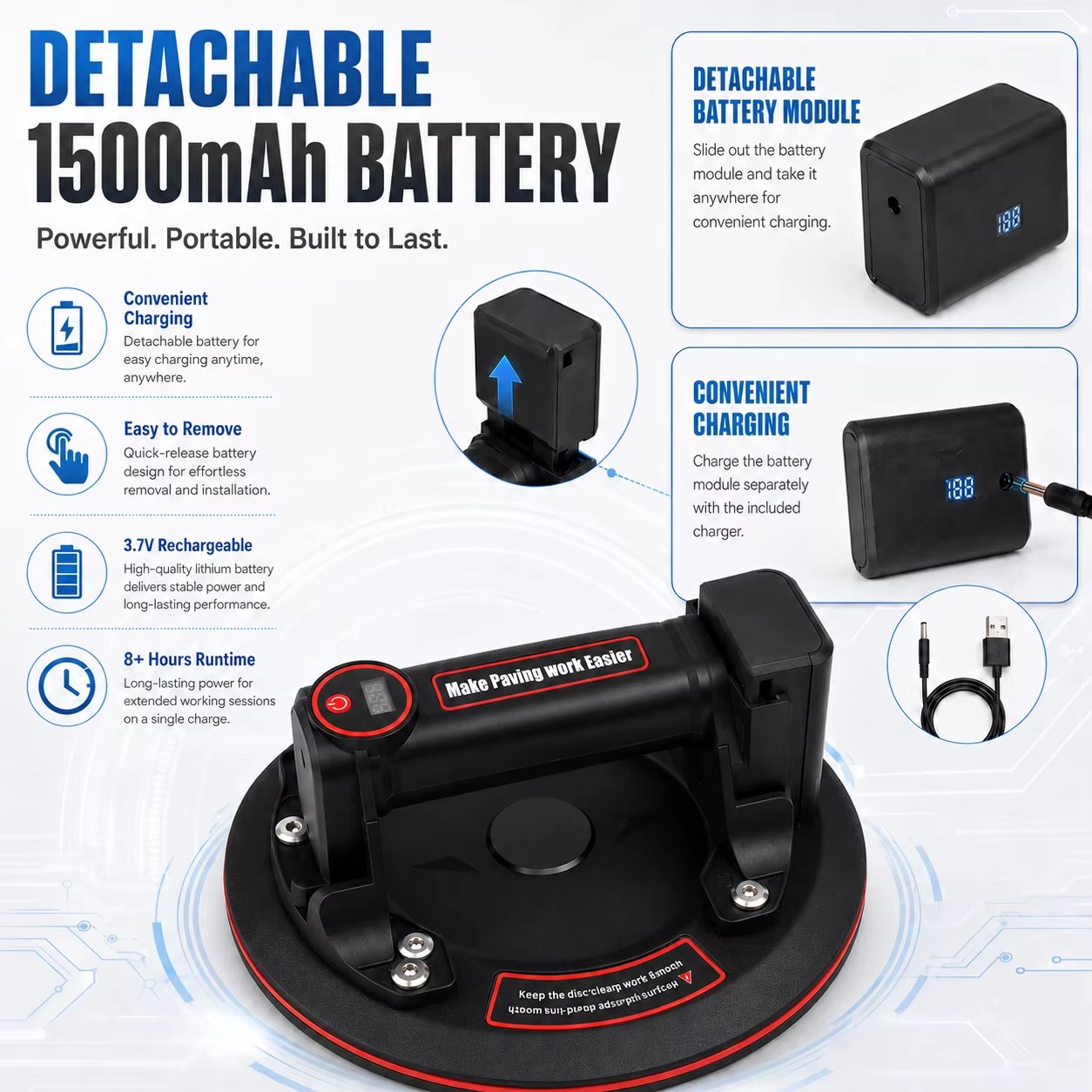 8-inch electric vacuum suction cup 200kg heavy-duty vacuum lift gripster, suitable for granite tile glass, with rechargeable battery listing photo 3