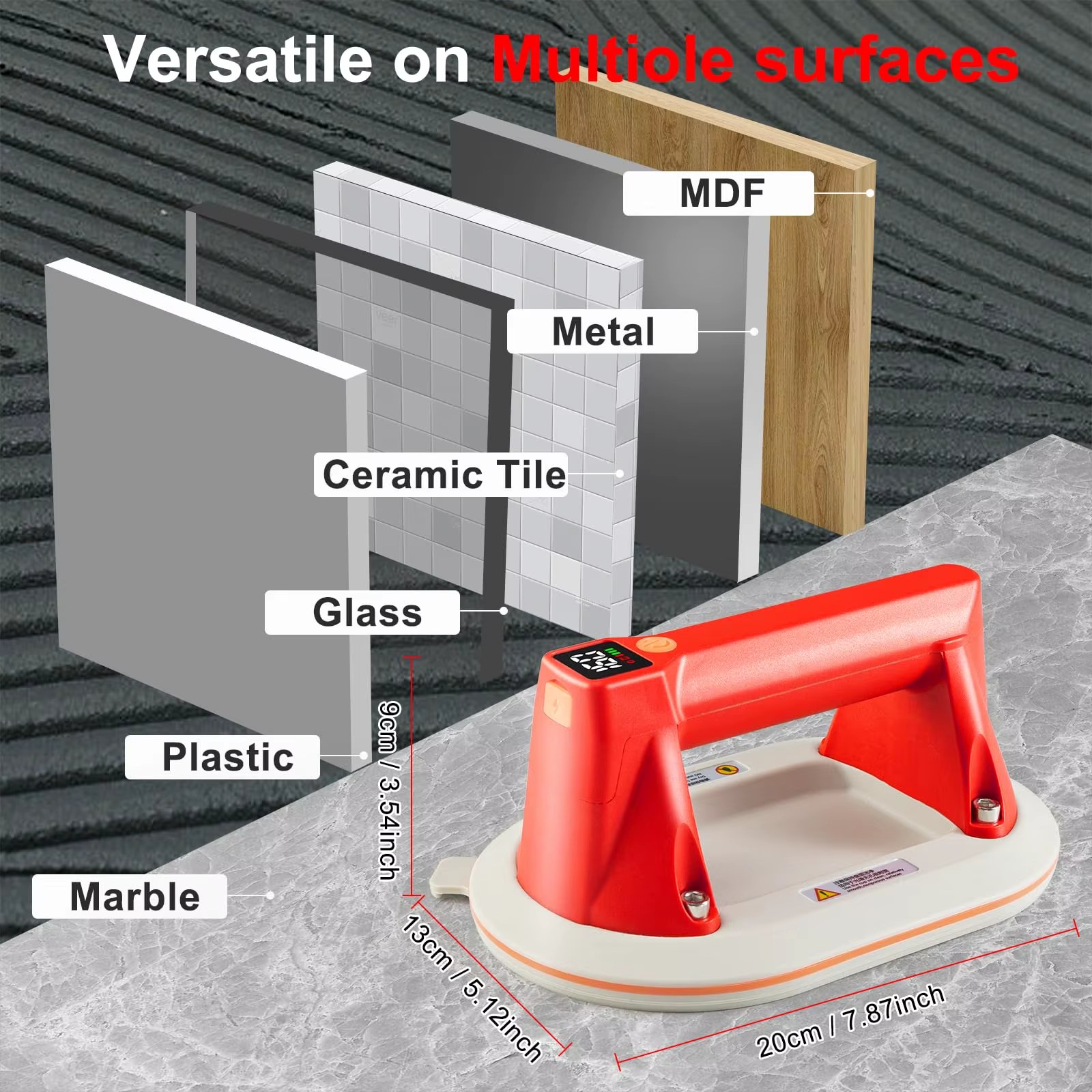 Electric Vacuum Suction Cup Gripster Lifter with 353LBS/160KG Suction Power LCD Display for Tile Glass Marble-Compact Silicone Body listing photo 5