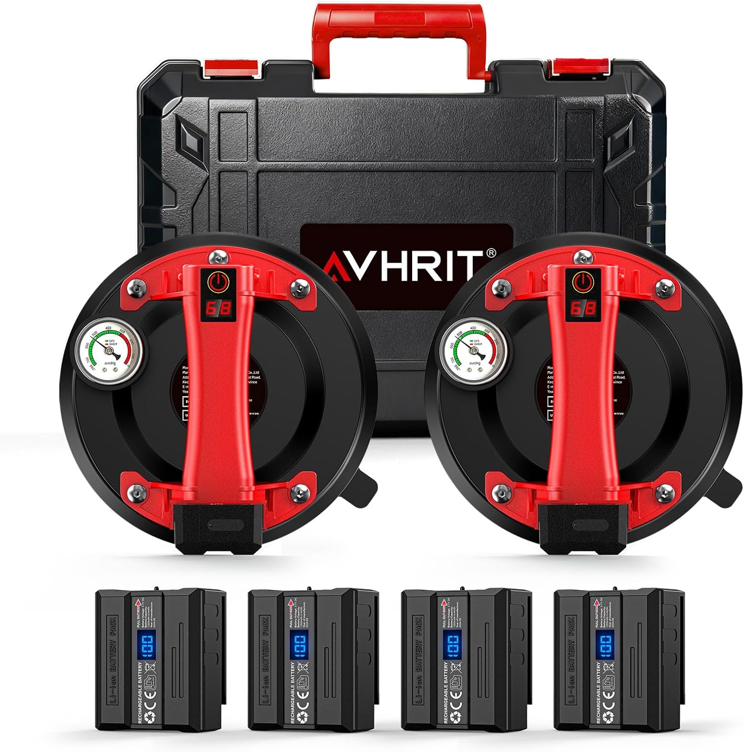 Electric Glass Suction Cup, Glass Sucker Lifter with Pressure Guage, 4X 2400mAh Battery, LCD Display & Auto Hold Up to 270KG Heavy Duty Vacuum Lifter