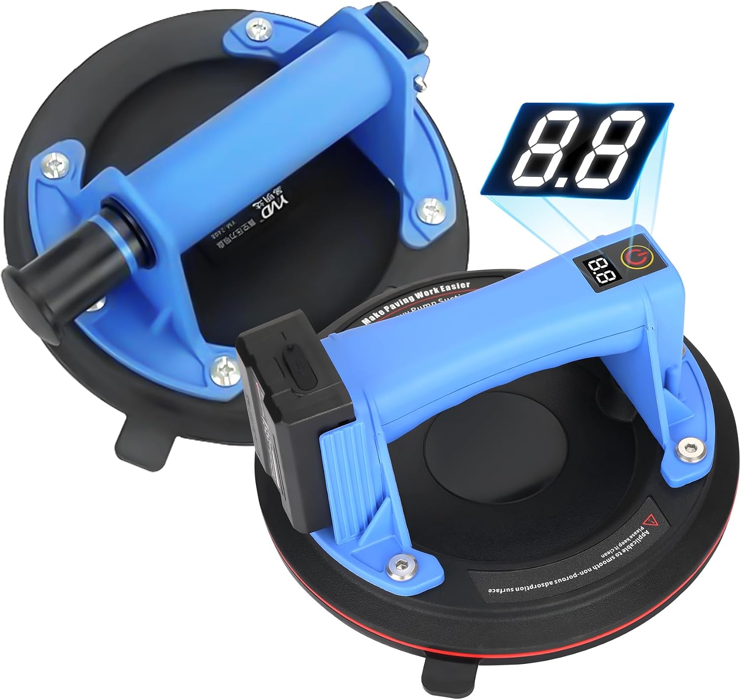 8" Electric Vacuum Suction Cups Gripster for Glass，600 lbs Vertical Load Capacity, LED Display, Type-C Charging, for Glass and Tile Lifting (2pack）