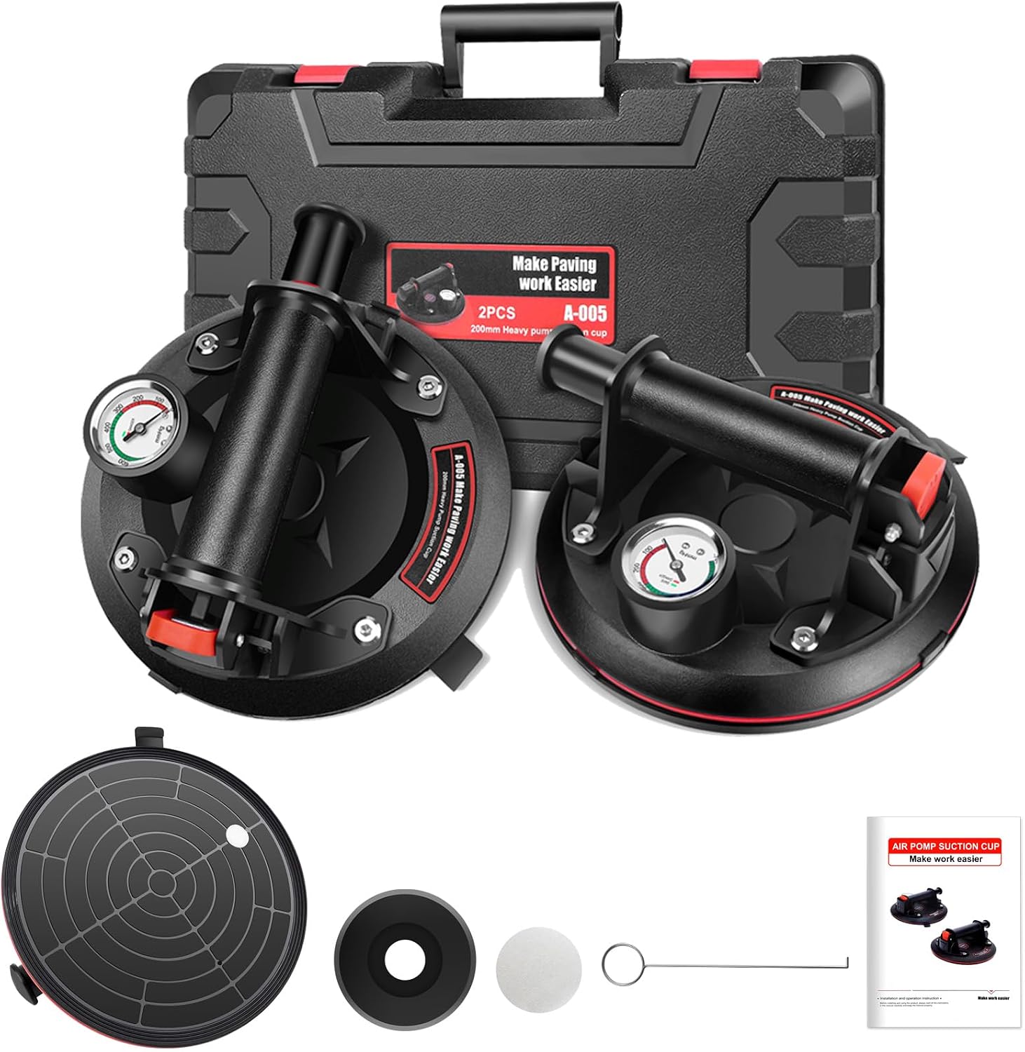 8" Glass Suckers Lifters with Pressure Gauge, 2pcs Glass Suction Lifter with Handle, Carrying Case, Glass Suction Cups, Heavy Duty Vacuum Tile listing photo 2