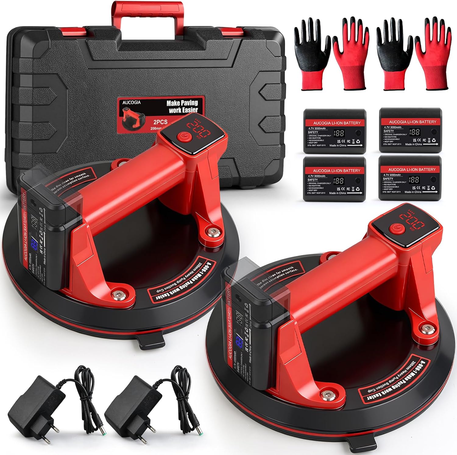 Electric Vacuum Suction Cups Lifter 2 Pack - 880LBS Max Load, 8" Reinforced Base with Auto-Start Pump & LED Display, 4×3000mAh Batteries for Glass