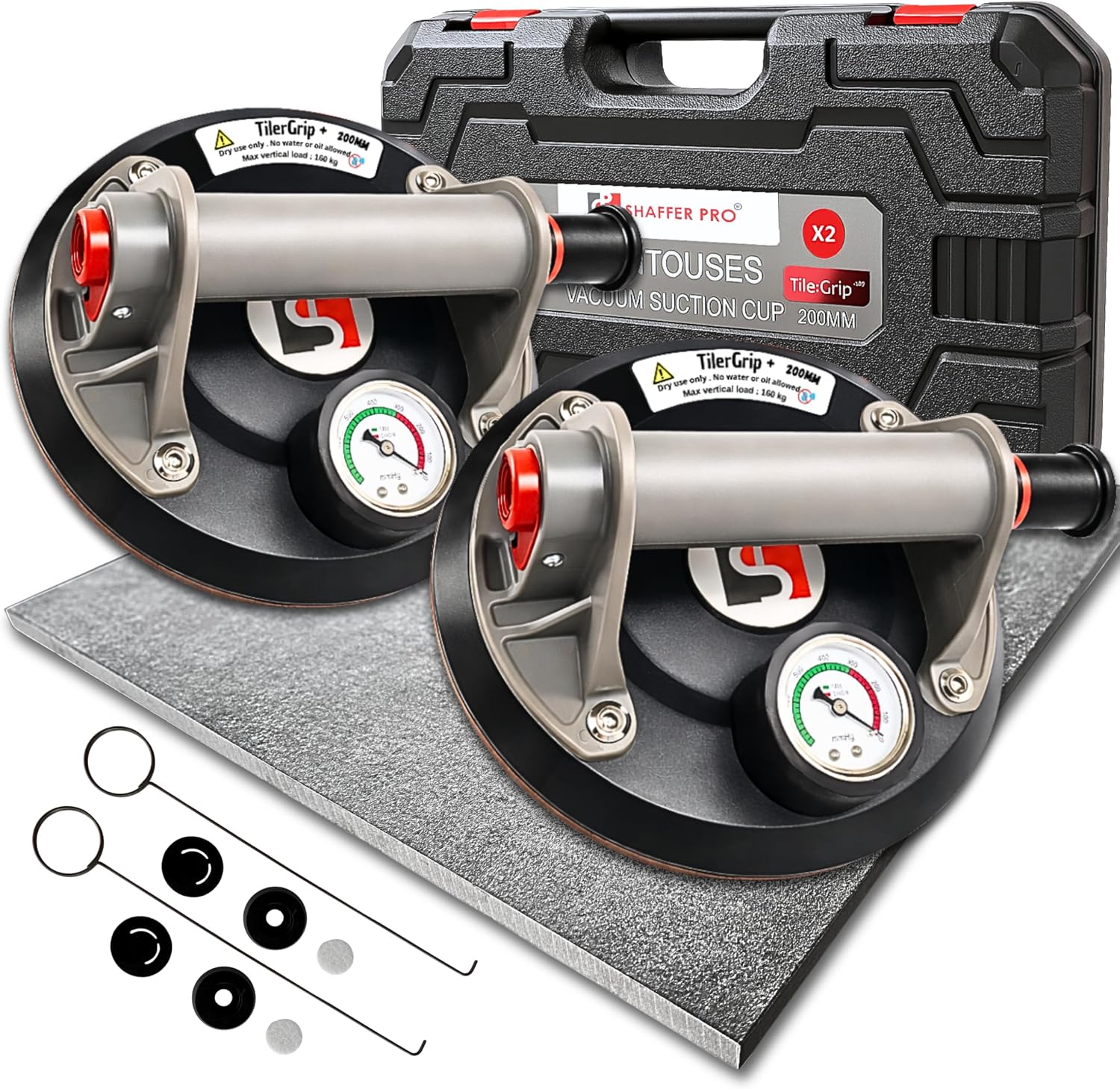 TilerGrip+ - 2 Ventouses Carrelage 200mm avec Manomètre – 320kg Ventouses Professionnelles pour Carreaux, Vitres, Grès Cérame – Forte Aspiration