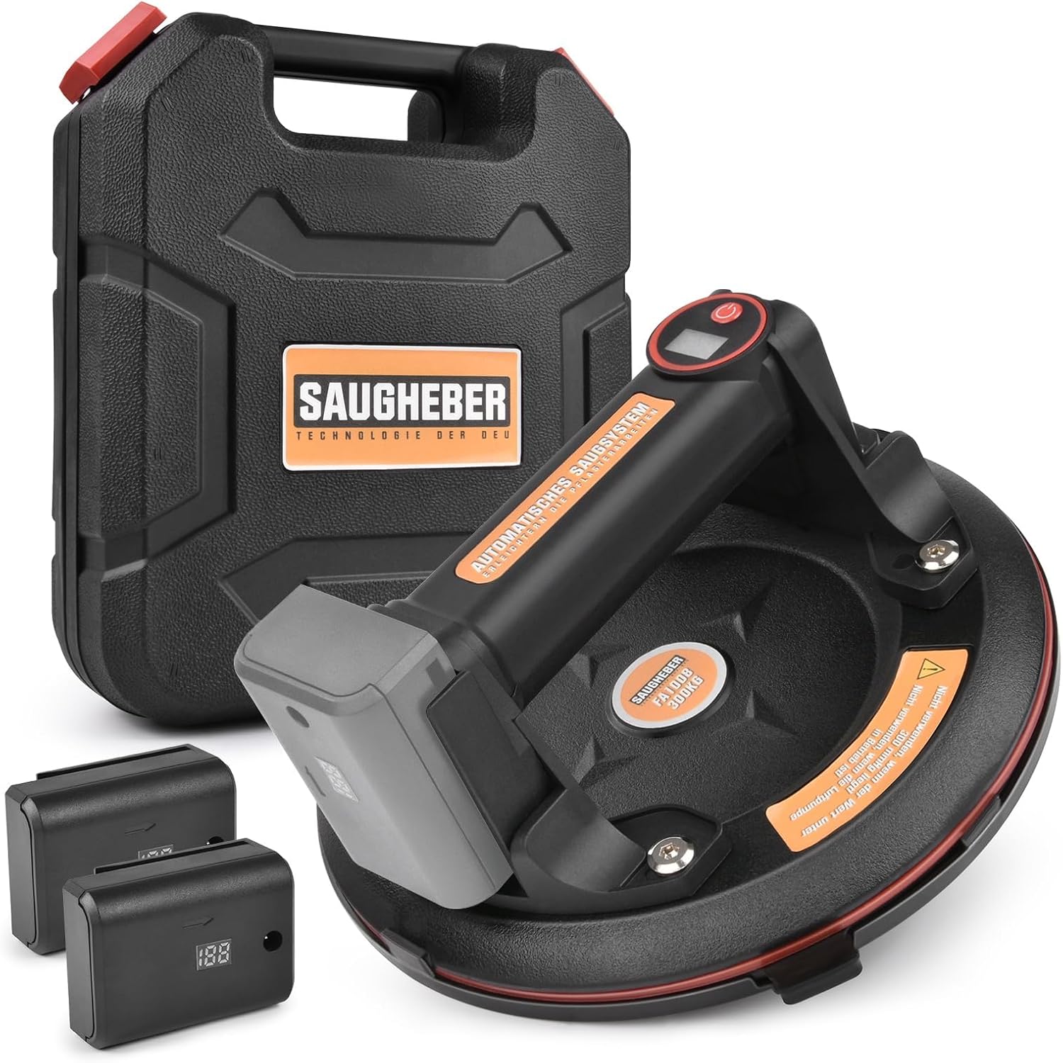 Profi für Heavy Duty | Elektrischer 200mm Vakuum-Saugnapf | Tragkraft 300KG | Saugheber mit 2X Akku | Automatischer Nachsaugung Vakuum Glassauger