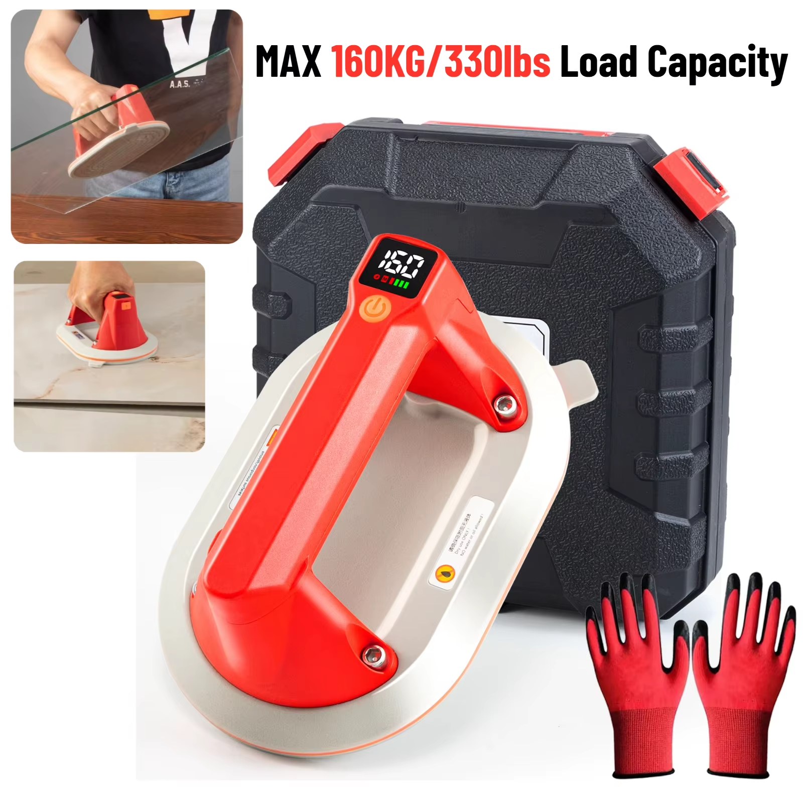 Electric Vacuum Suction Cup Gripster Lifter with 353LBS/160KG Suction Power LCD Display for Tile Glass Marble-Compact Silicone Body