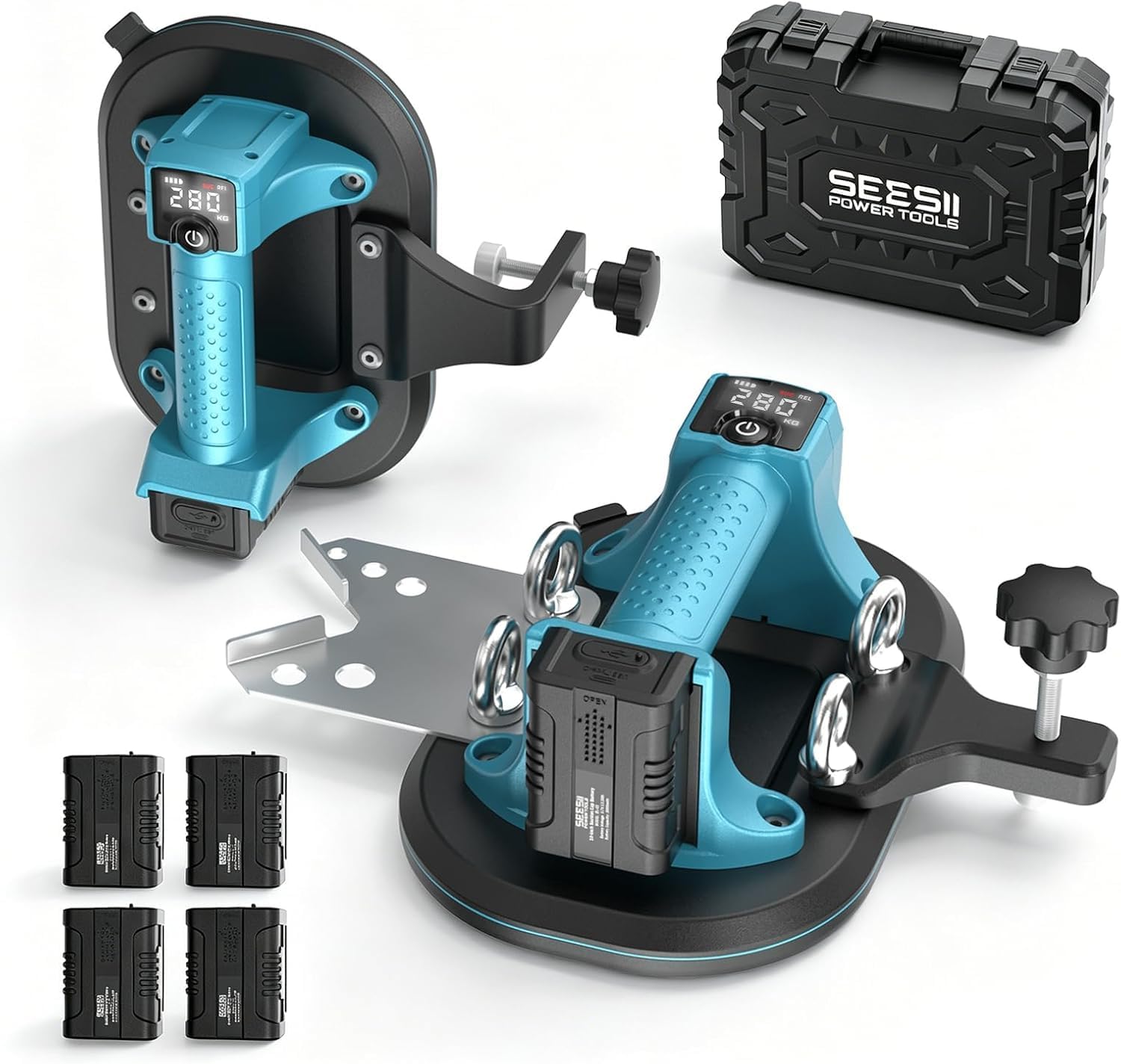 SEESII Saugheber Fliesen, 4-In-1 Akku Saugheber Terrassenplatten, Elektrischer Glassauger Vakuumheber mit Bohrführung, Fugensetzer & Nivellierer, Bis
