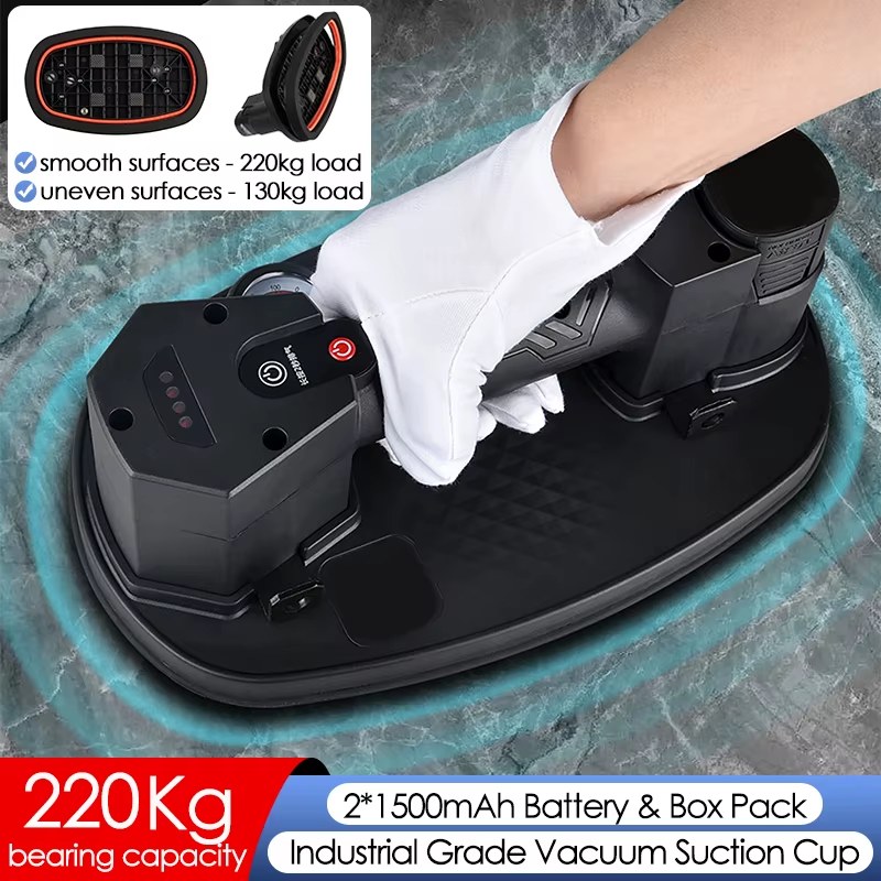 Industrial Grade Electric Vacuum Suction Cup 220KG Load Granite Tile Glass Lifting Tool Gripster with 2 Battery Heavy-Duty Vacuum Suckers