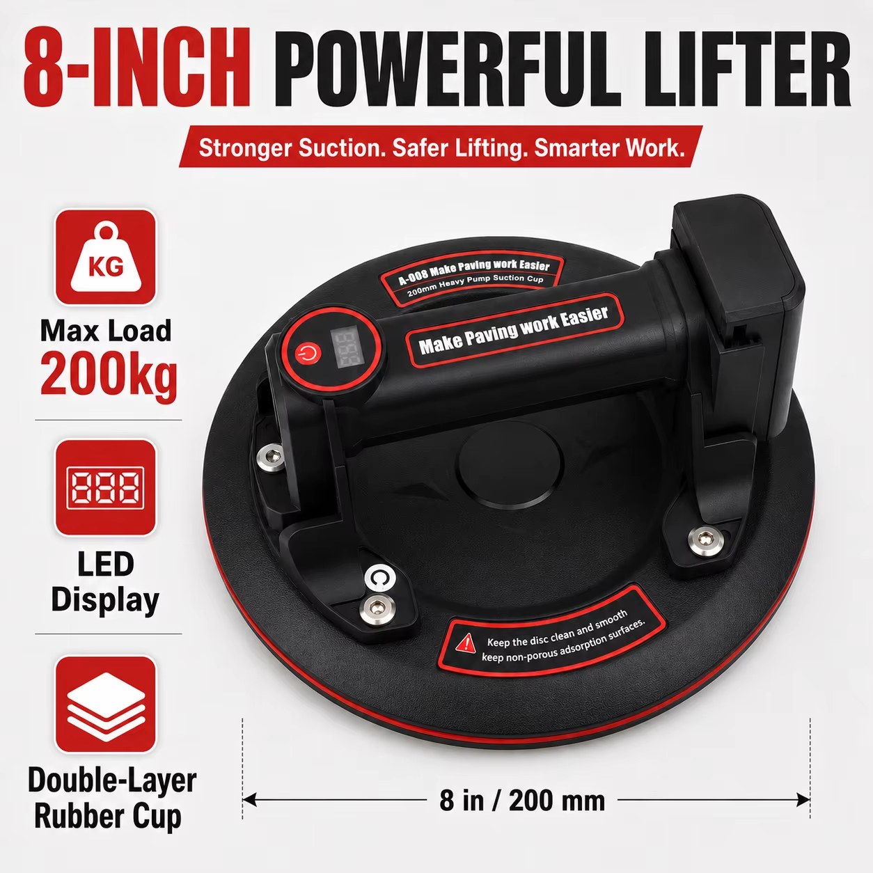 8-inch electric vacuum suction cup 200kg heavy-duty vacuum lift gripster, suitable for granite tile glass, with rechargeable battery listing photo 2