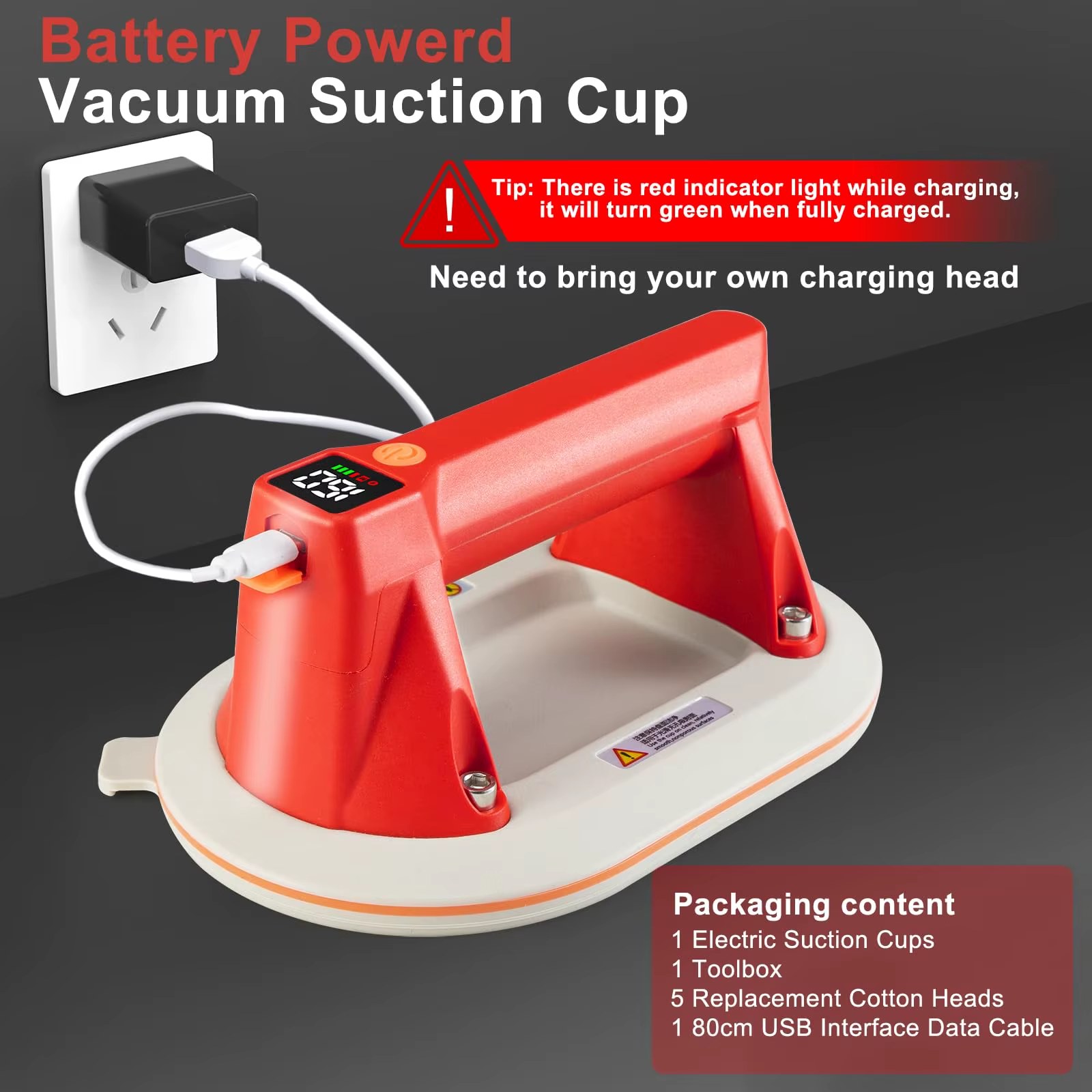 Electric Vacuum Suction Cup Gripster Lifter with 353LBS/160KG Suction Power LCD Display for Tile Glass Marble-Compact Silicone Body listing photo 2