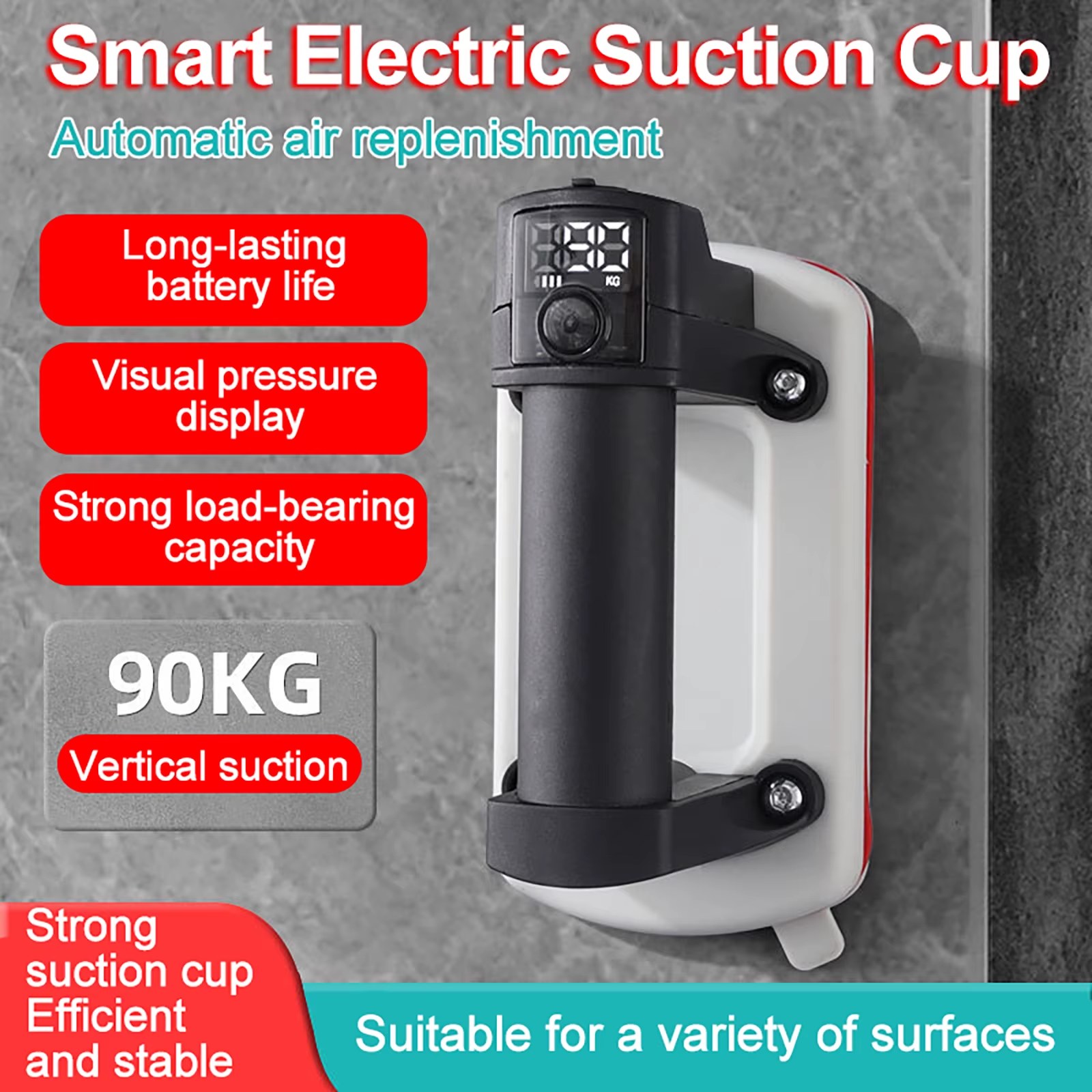 Intelligent Digital Display Electric Suction Cup One-Click Start Vacuum Air Pump Force 90KG Glass Tile Suction Cup Gripster Handling Tool