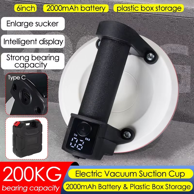 6inch Smart Display Electric Vacuum Suction Cup 200KG Load Heavy Duty Granite Tile Glass Lifter Gripster 2000mAh Battery with Box Storage