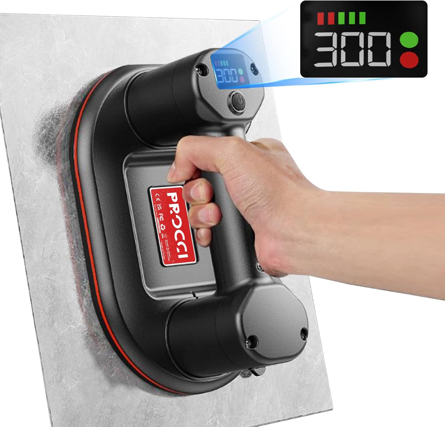 Procci Battery Suction Lifter for Tiles, Glass, Marble, 24 cm Diameter, 2 Motors, 300 kg Suction Power, LCD Display for Suction Power and Battery