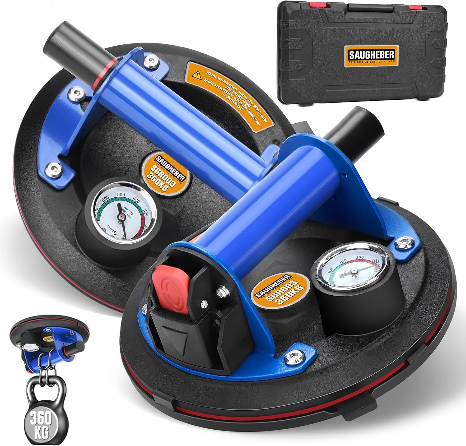 2er Set 8" Saugheber Glasheber Saughalter mit Manometer | Tragkraft 360KG | Metallgriff, Metall Vakuumheber Fliesenheber Plattenheber, Vakuum
